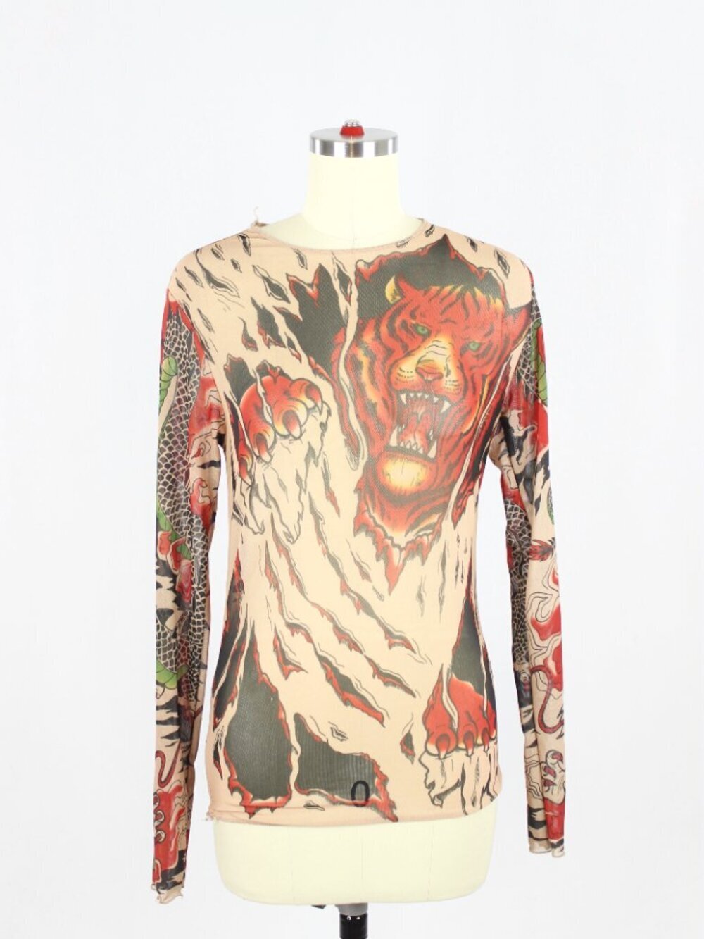 Vintage 00's Y2K Tattoo Print Stretch Mesh Long Sleeve T-Shirt Top, Size S